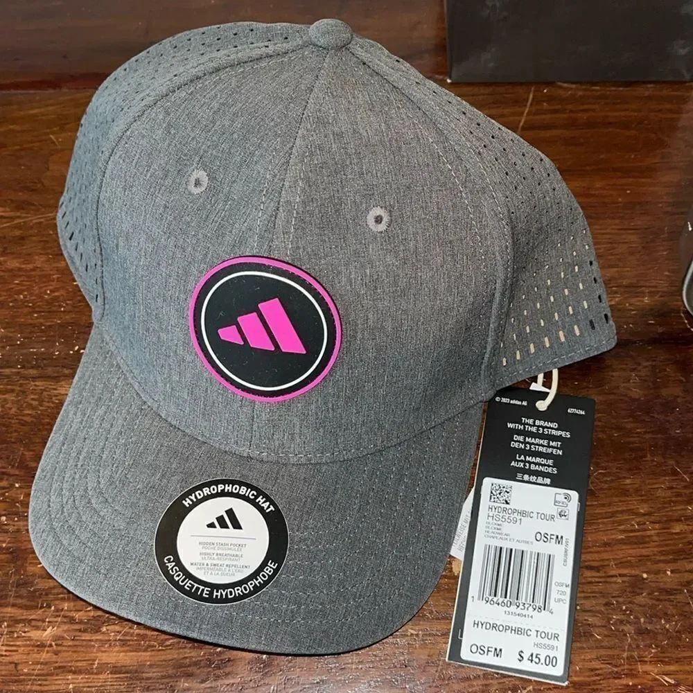 New Adidas Hydrophobic Tour Hat Golf Snapback Perforated Pocket Gray Pink Cap